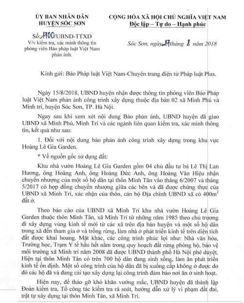 Văn bản UBND huyện S&oacute;c Sơn phản hồi tới Ph&aacute;p luật Plus.