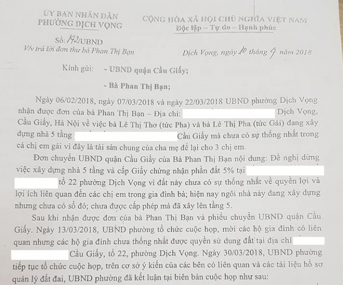 Văn bản m&agrave; UBND phường Dịch Vọng b&aacute;o c&aacute;o UBND quận Cầu Giấy.