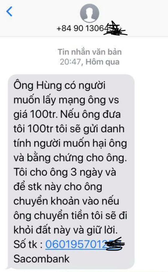 Nội dung tin nhắn đe dọa &ocirc;ng H&ugrave;ng. Ảnh &ocirc;ng H&ugrave;ng cung cấp