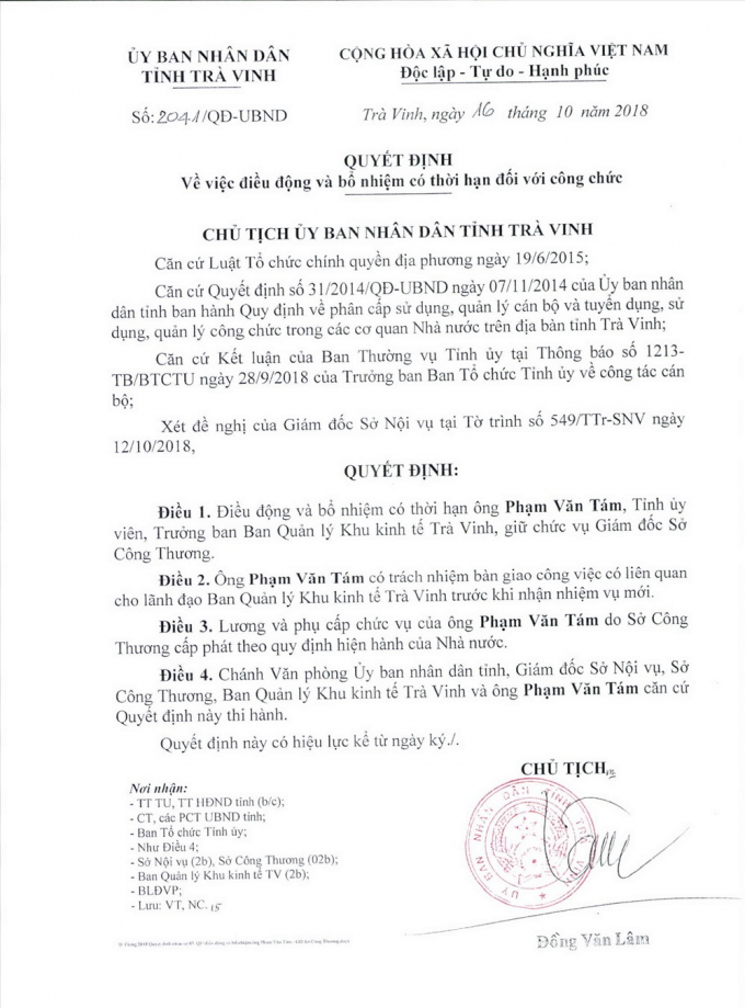 Quyết định điều động &ocirc;ng T&aacute;m