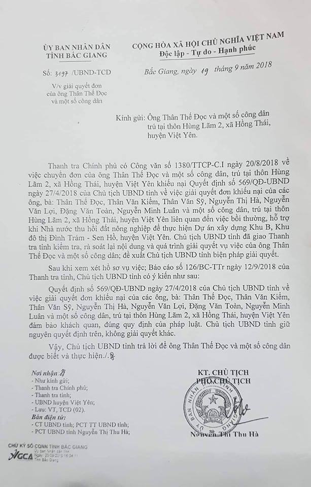 UBND tỉnh Bắc Giang th&ecirc;m 1 lần nữa khẳng định, khiếu nại kh&ocirc;ng c&oacute; căn cứ, việc thu hồi đất, đền b&ugrave; GPMB tại dự &aacute;n n&agrave;y đ&uacute;ng quy định của ph&aacute;p luật.