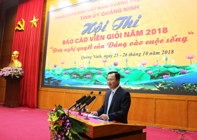 Đồng ch&iacute; Cao Tường Huy, Ủy vi&ecirc;n BTV Tỉnh ủy, Trưởng Ban Tuy&ecirc;n gi&aacute;o Tỉnh ủy, Trưởng BTC hội thi ph&aacute;t biểu khai mạc hội thi