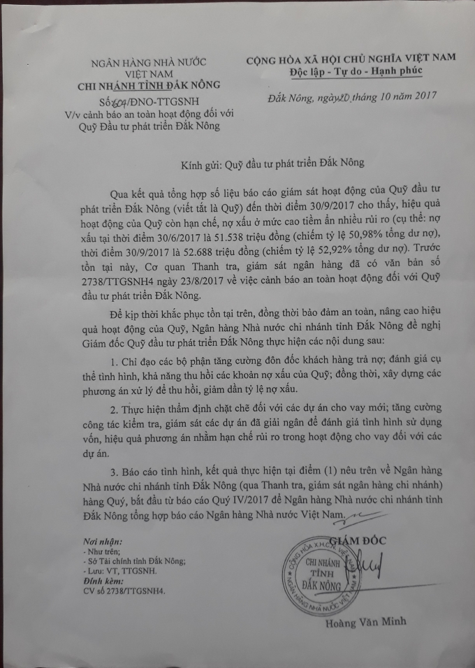 Văn bản số 604 của Ng&acirc;n h&agrave;ng nh&agrave; nước Việt Nam chi nh&aacute;nh Đắk&nbsp;N&ocirc;ng ng&agrave;y 20/10/2018 gửi Quỹ&nbsp;ĐTPT&nbsp;
