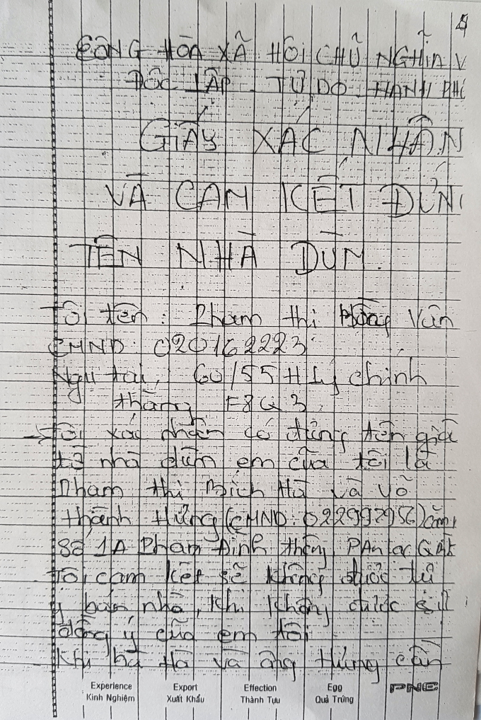 Giấy x&aacute;c nhận v&agrave; cam kết b&agrave; V&acirc;n đứng t&ecirc;n hộ do b&agrave; H&agrave; cung cấp cho T&ograve;a.