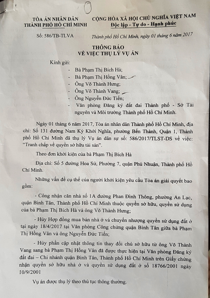 Th&ocirc;ng b&aacute;o thụ l&yacute; vụ &aacute;n của TAND TP HCM.