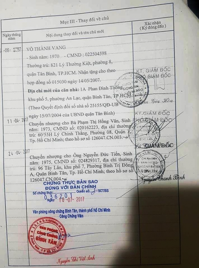 Giấy chứng nhận đ&atilde; cập nhật đăng bộ sang t&ecirc;n cho &ocirc;ng Tiến.
