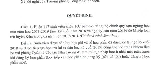 Quyết định đ&igrave;nh chỉ 1 năm đối với 117 sinh vi&ecirc;n c&oacute; điểm r&egrave;n luyện k&eacute;m trong năm học 2017-2018.