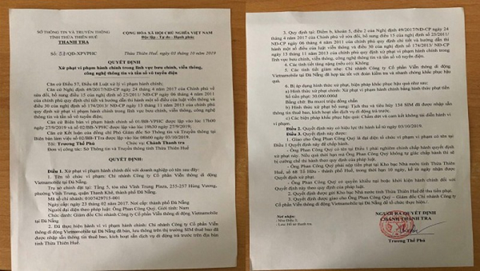 Quyết định xử phạt của Thanh Tra Sở TT&amp;amp;TT đối với Chi nhánh VNM