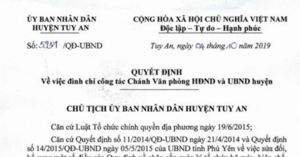 Đình chỉ Chánh Văn phòng huyện chậm triển khai công việc ở Phú Yên