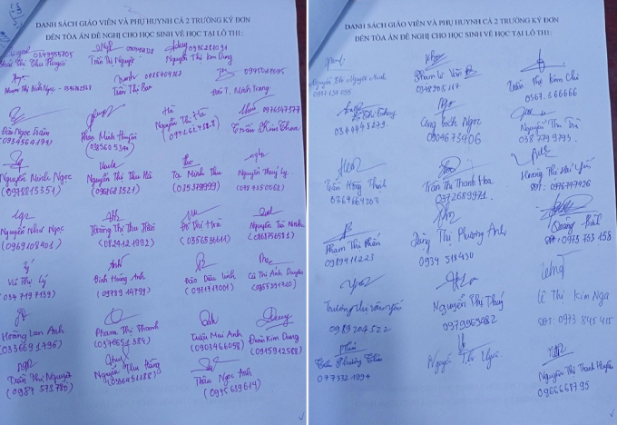 Chữ ký của hàng nhìn phụ huynh hai trường trong đơn