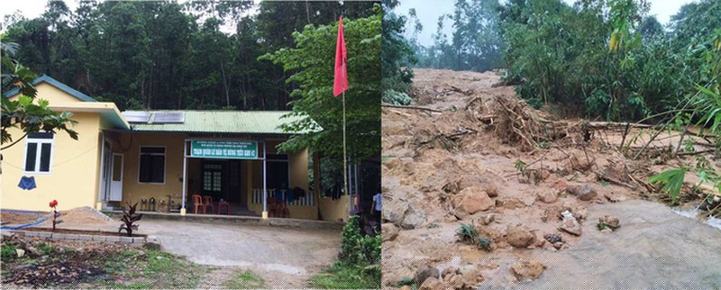 Trạm kiểm lâm 67 trước (bên trái) và sau khi xảy ra vụ sạt lở (bên phải). Ảnh: Báo Thừa Thiên Huế/VnExpress