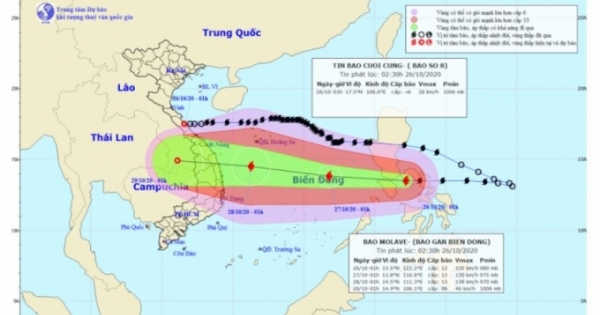 Dự báo thời tiết ngày 26/10: Bão Molave tiếp tục hướng vào Nam Trung Bộ và có dấu hiệu mạnh thêm