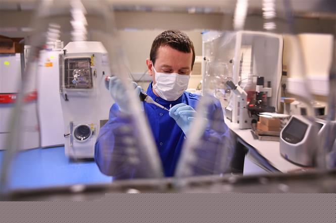 Chuyên gia nghiên cứu vaccine phòng COVID-19 trong phòng thí nghiệm tại Burgess Hill, Anh, ngày 15/5/2020. Ảnh: AFP/ TTXVN