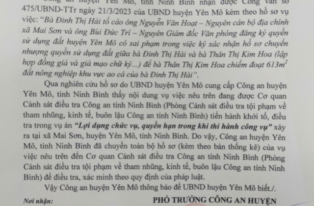 Vụ giả mạo chữ ký: Công an huyện Yên Mô chuyển hồ sơ sang Công an tỉnh Ninh Bình để điều tra