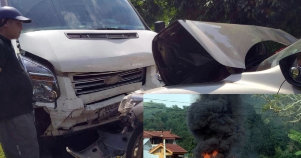 Hà Giang: Một người tử vong, xe 16 chỗ cháy nghi ngút sau va chạm giữa 2 ô tô