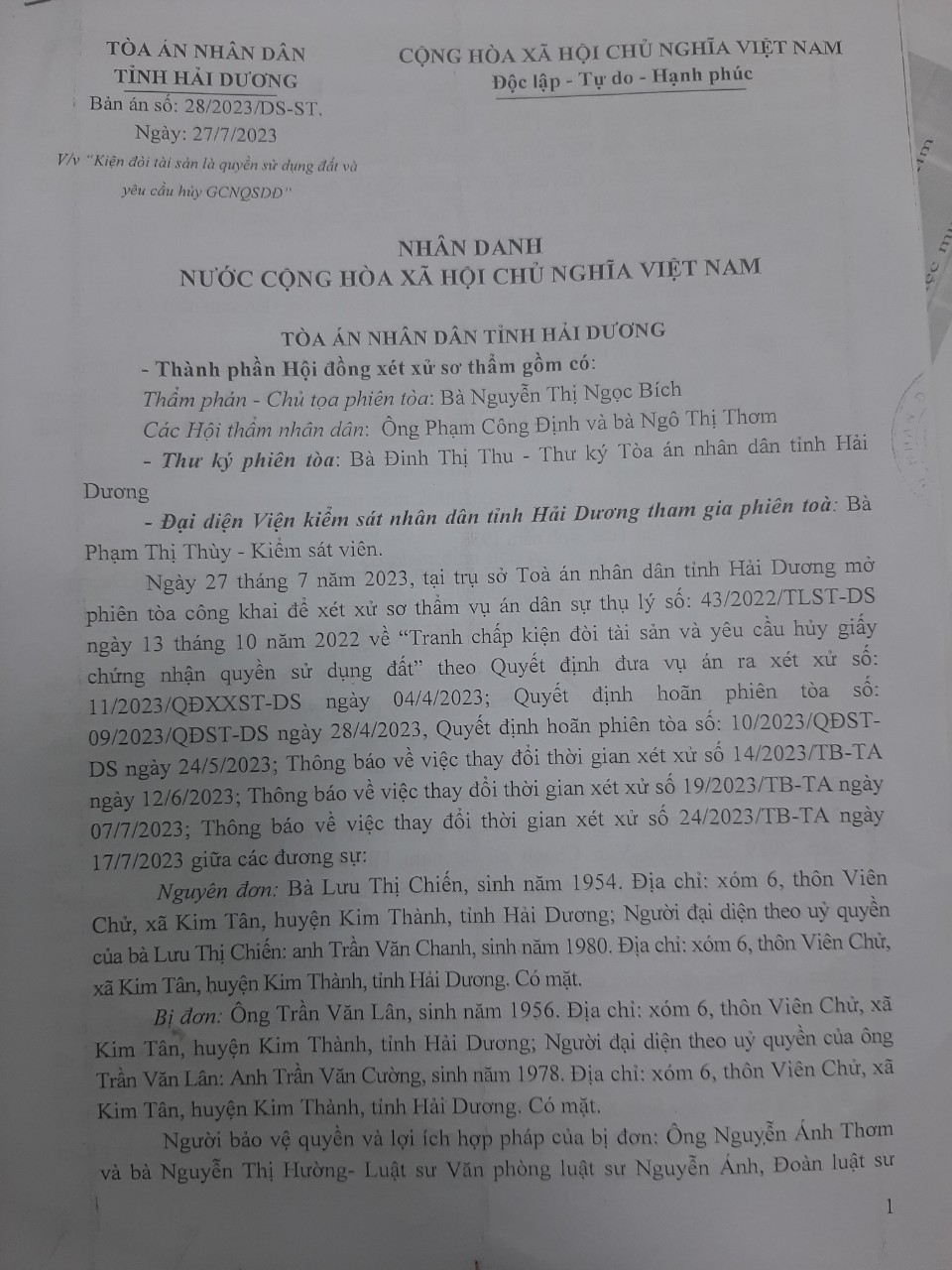 Bản án của toà án nhân dân tỉnh Hải Dương.