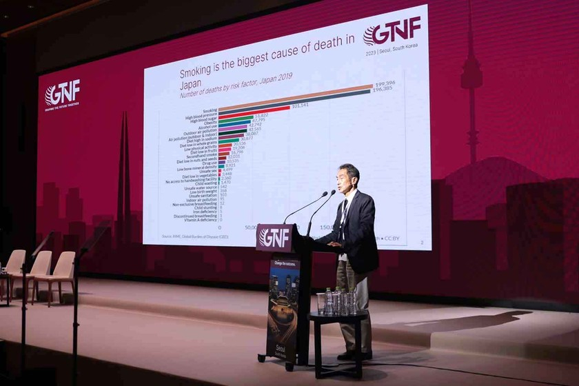 BS Hiroya Kumamaru ph&aacute;t biểu tại Diễn đ&agrave;n Thuốc l&aacute; &amp;amp; Nicotine To&agrave;n cầu (GTNF) năm 2023.