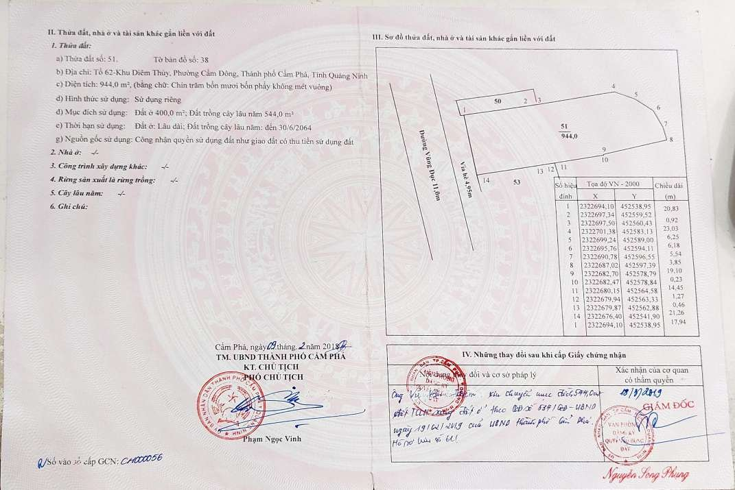 Phần chỉnh lý biến động trong giấy chứng nhận quyền sử dụng đất thể hiện diện tích 544m2 đã được chuyển mục đích sang đất ở.