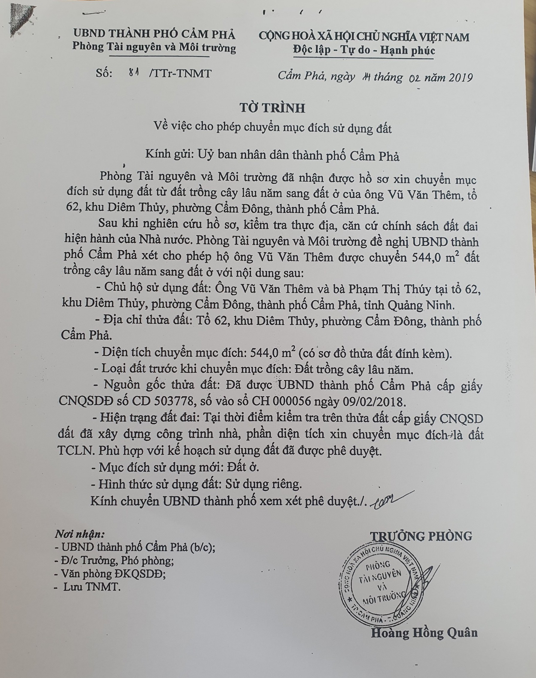 Tờ trình số 81 của Phòng Tài nguyên và môi trường do ông Hoàng Hồng Quân, nguyên Trưởng phòng ký.