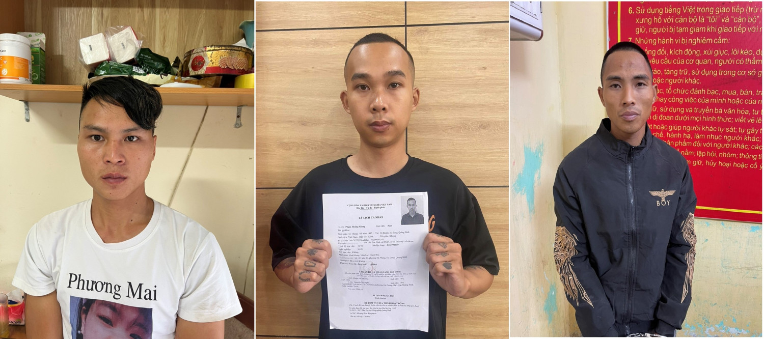 Các đối tượng từ trái qua phải (Phàn Lao Tả, Phạm Hoàng Giang và Vũ Đình Thìn). Công an tỉnh Quảng Ninh