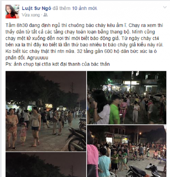 H&igrave;nh ảnh người d&acirc;n KĐT Đạik Thanh, H&agrave; Đ&ocirc;ng, H&agrave; Nội t&aacute;n loạn v&igrave; b&aacute;o ch&aacute;y giả. Nguồn: Facebook Luật Sư Ng&ocirc;