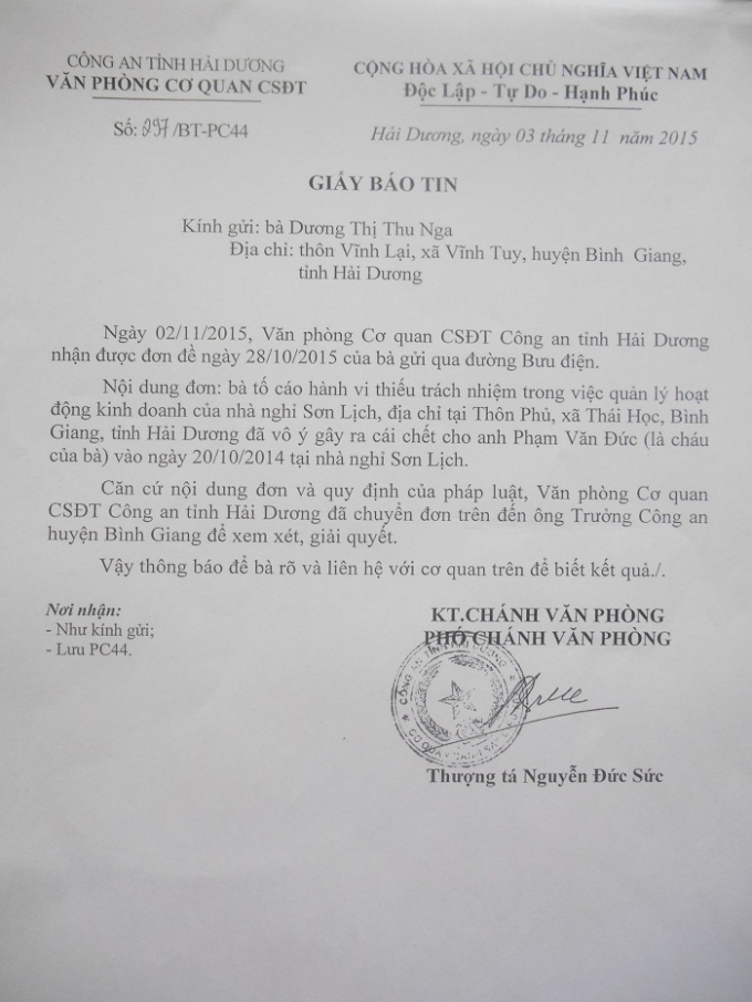 Giấy b&aacute;o tin C&ocirc;ng an tỉnh Hải Dương gửi gia đ&igrave;nh nạn nh&acirc;n Đức (Ảnh: Nguyễn Xinh)