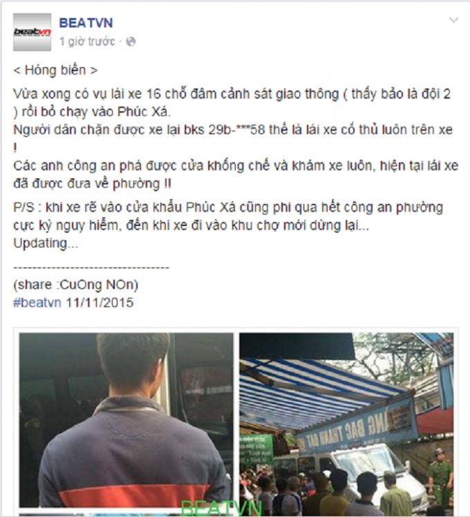 Th&ocirc;ng tin l&aacute;i xe 16 chỗ đ&acirc;m CSGT tại Ph&uacute;c X&aacute;, H&agrave; Nội xuất hiện tr&ecirc;n mạng x&atilde; hội Facebook chiều 11/11. Nguồn: BEATVN
