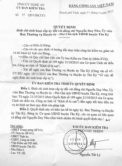 Quyết định đ&igrave;nh chỉ sinh hoạt cấp ủy của Ủy ban Kiểm tra Tỉnh ủy Nghệ An với &ocirc;ng Nguyễn Duy Nho (Ảnh tư liệu)