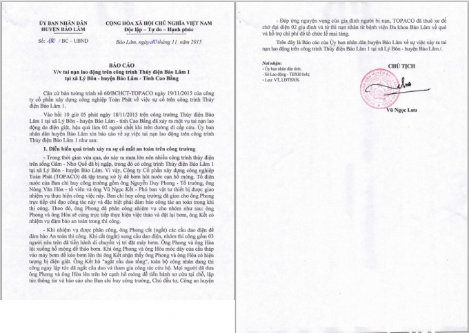 B&aacute;o c&aacute;o của UBND huyện Bảo L&acirc;m, Cao Bằng về vụ việc hai c&ocirc;ng nh&acirc;n tử vong tr&ecirc;n c&ocirc;ng trường thủy điện.