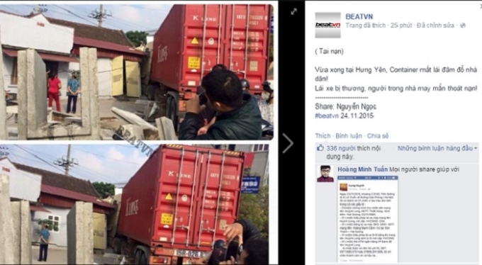 Chiếc&nbsp;container&nbsp;mất l&aacute;i đ&acirc;m đổ nh&agrave; d&acirc;n ở Hưng Y&ecirc;n. Nguồn: BEATVN