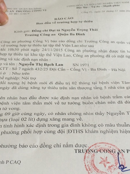 Bi&ecirc;n bản b&aacute;o c&aacute;o về trường hợp tự thi&ecirc;u của c&ocirc;ng an phường Cống Vị.