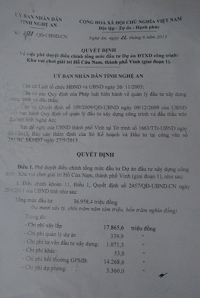 Quyết định của UBND tỉnh Nghệ An ph&ecirc; duyệt điều chỉnh tổng mức đầu tư x&acirc;y dựng c&ocirc;ng tr&igrave;nh Khu vui chơi giải tr&iacute; Hồ Cửa Nam. Ảnh Duy Ngợi