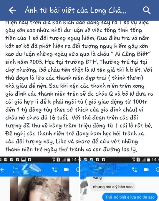 Một trong những nội dung bịa đặt, b&ocirc;i nhọ được đối tượng Long đăng tải tr&ecirc;n t&agrave;i khoản facebook c&aacute; nh&acirc;n, được gia đ&igrave;nh nạn nh&acirc;n sao chụp, gửi cơ quan điều tra.