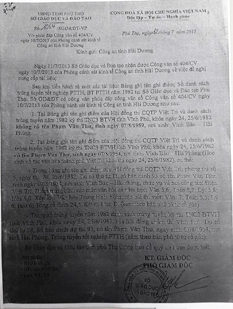 Sở Gi&aacute;o dục v&agrave; Đ&agrave;o tạo tỉnh Ph&uacute; Thọ x&aacute;c nhận kh&ocirc;ng c&oacute; Phạm Văn Thư&nbsp;sinh ng&agrave;y 07/08/1959