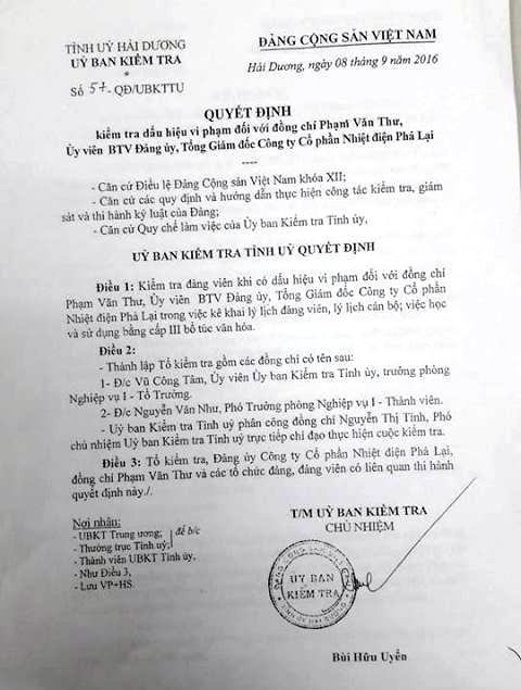 Uỷ ban kiểm tra Tỉnh uỷ Hải Dương c&oacute; quyết định th&agrave;nh lập tổ kiểm tra đối với &ocirc;ng Phạm Văn Thư