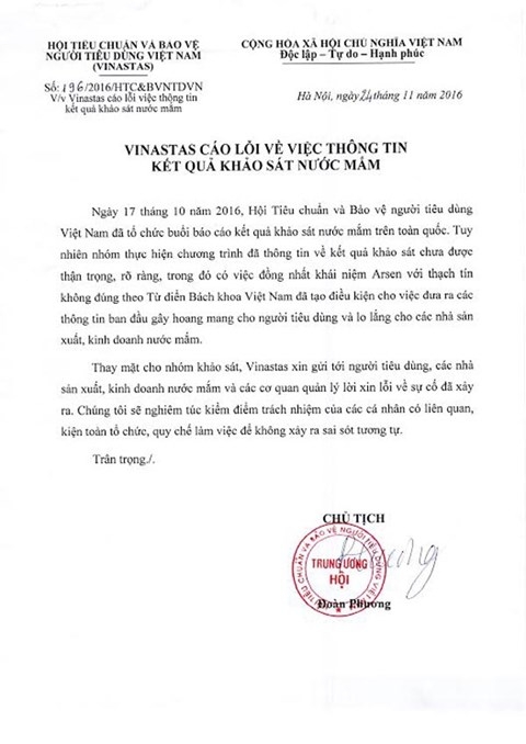 C&ocirc;ng văn c&aacute;o lỗi của Vinastas