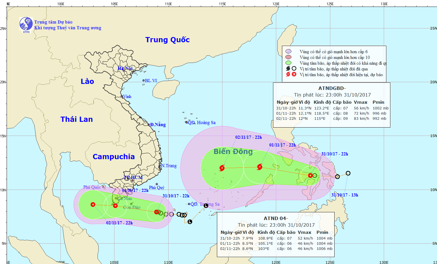 Vị tr&iacute;, hướng đi của 2 &aacute;p thấp nhiệt đới tr&ecirc;n Biển Đ&ocirc;ng. Ảnh: nchmf.gov.vn