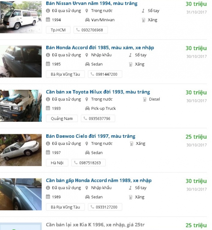 Rất nhiều mẫu &ocirc; t&ocirc; cũ được rao b&aacute;n gi&aacute; chỉ từ 25 triệu đồng/chiếc. Ảnh: L&acirc;m Anh