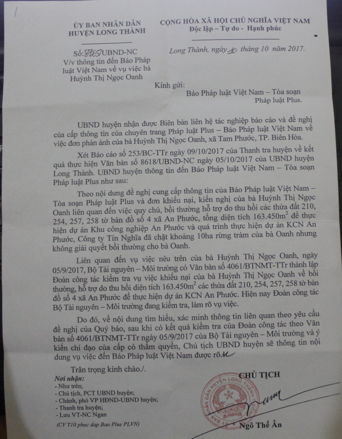 C&ocirc;ng văn phản hồi của UBND huyện Long Th&agrave;nh về vụ việc.