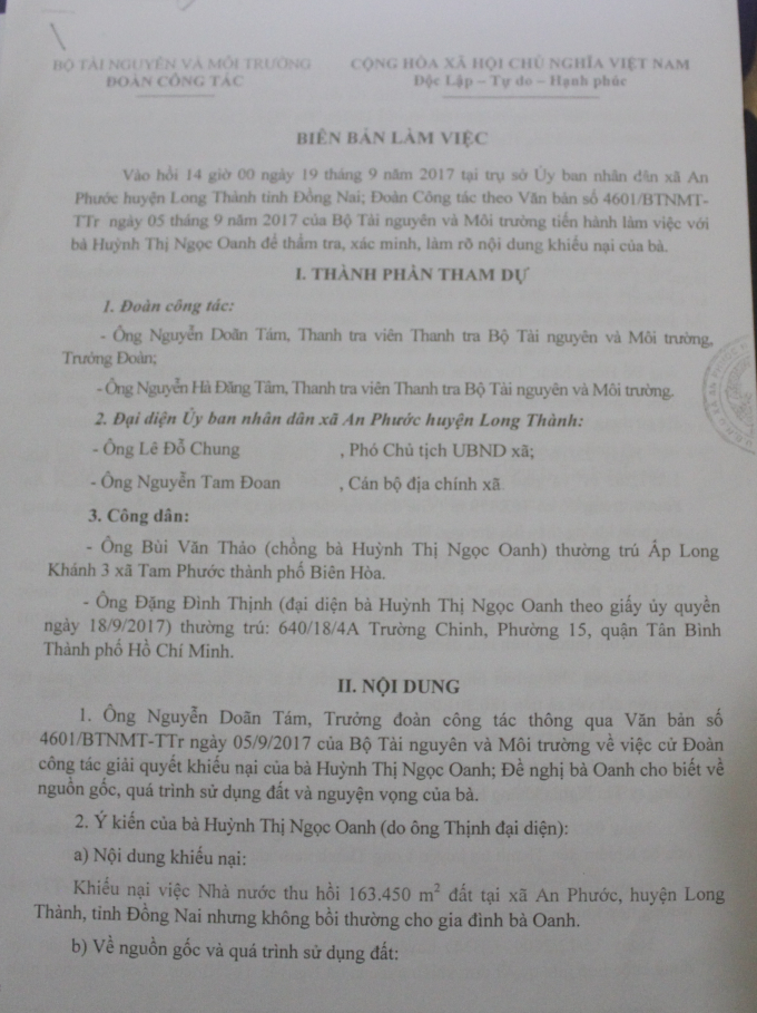 Bi&ecirc;n bản l&agrave;m việc của Đo&agrave;n c&ocirc;ng t&aacute;c Bộ TN&amp;amp;amp;MT với đại diện gia đ&igrave;nh b&agrave; Oanh.