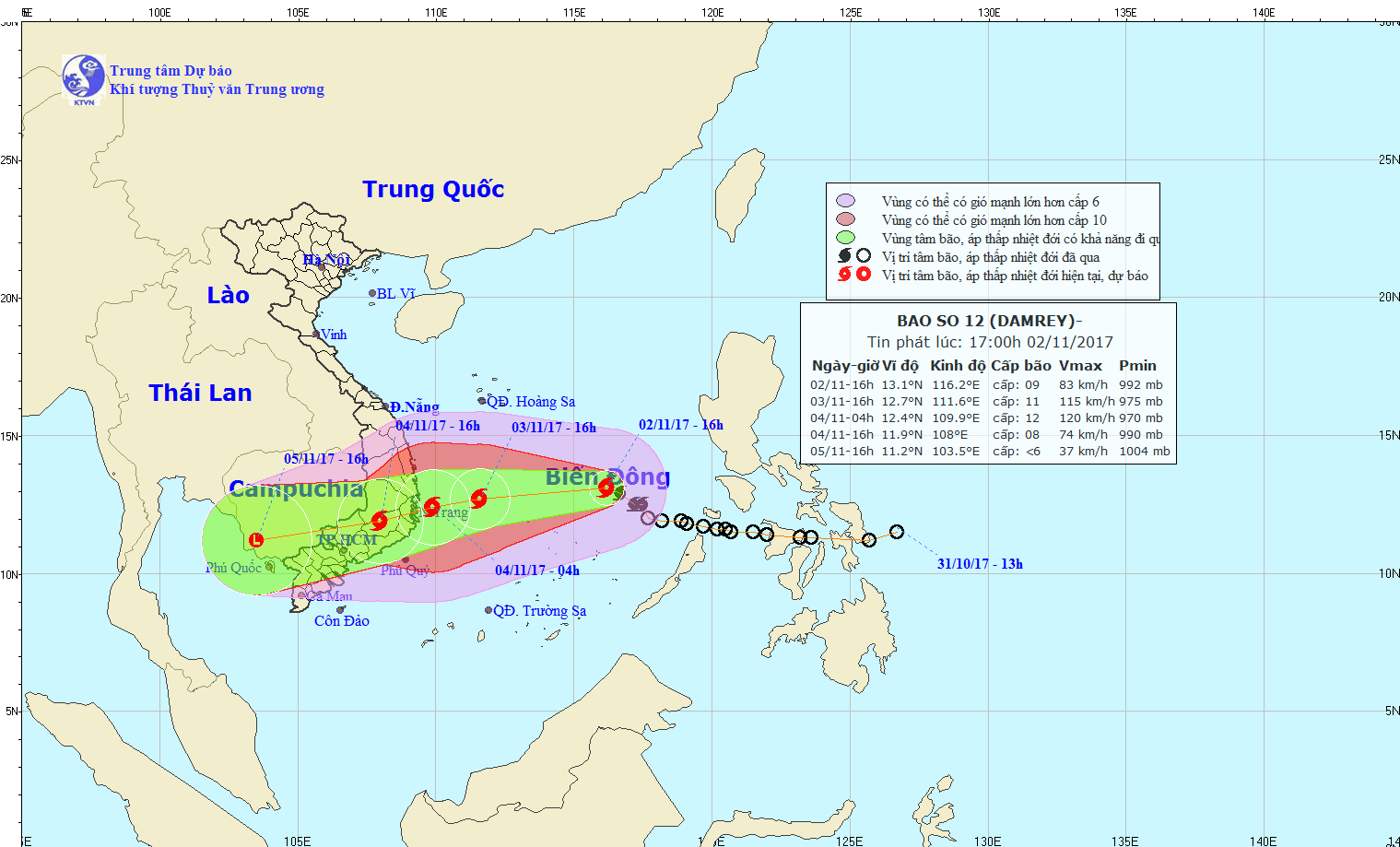 Dự b&aacute;o vị tr&iacute;, hướng đi của cơn b&atilde;o số 12. Ảnh: nchmf.gov.vn