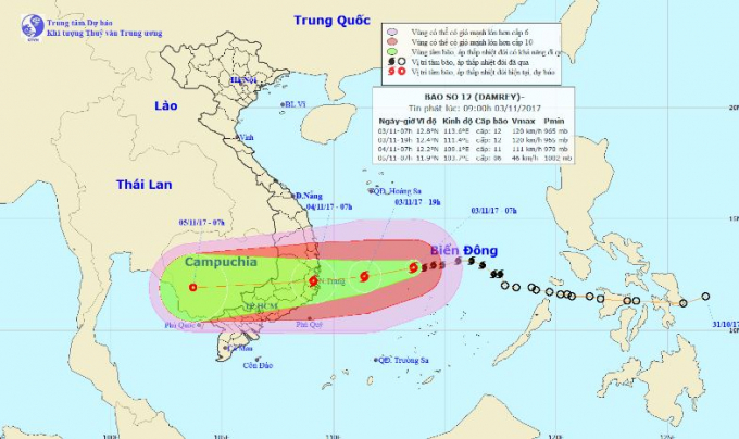 Dự b&aacute;o vị tr&iacute;, hướng đi của cơn b&atilde;o số 12. Ảnh: nchmf.gov.vn