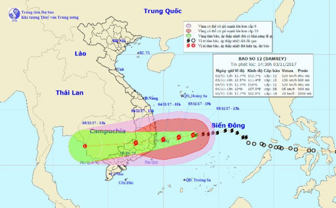 Dự b&aacute;o vị tr&iacute;, hướng đi của cơn b&atilde;o số 12. Ảnh: nchmf.gov.vn