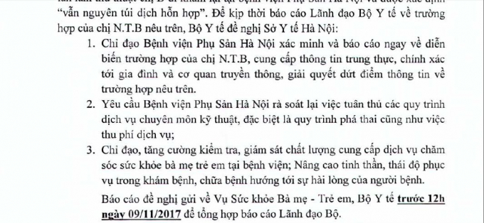 C&ocirc;ng văn của Bộ Y tế đề nghị Sở Y tế H&agrave; Nội chỉ đạo BV Phụ sản H&agrave; Nội x&aacute;c minh th&ocirc;ng tin v&agrave; b&aacute;o c&aacute;o Bộ Y tế.