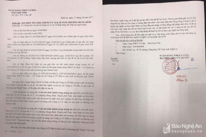 Văn bản th&ocirc;ng b&aacute;o từ ng&acirc;n h&agrave;ng ACB gửi đến đại diện t&ograve;a nh&agrave; chung cư về việc sẽ xử l&yacute; to&agrave;n bộ t&agrave;i sản thế chấp. Ảnh: PT