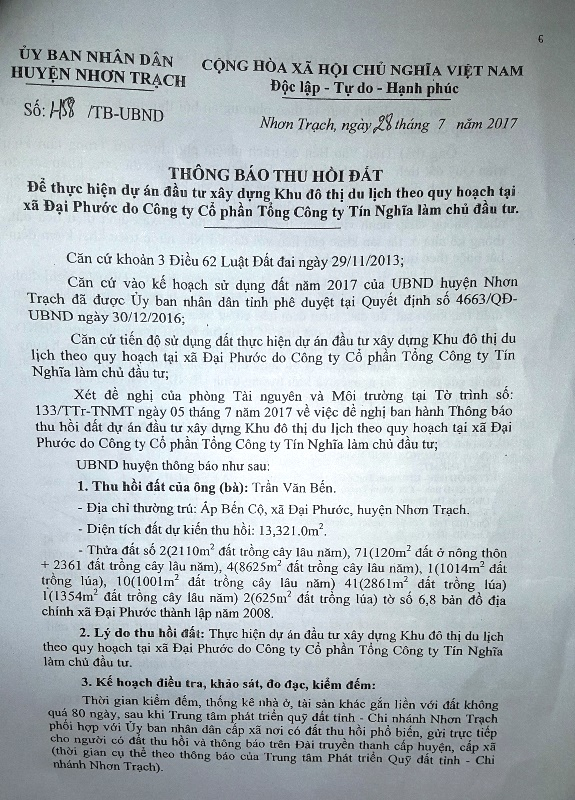 Th&ocirc;ng b&aacute;o thu hồi đất của UBND huyện lại đưa ra khiến người d&acirc;n nghi ngờ v&igrave; dự &aacute;n