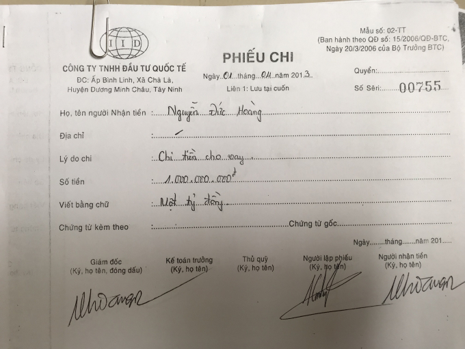 C&ocirc;ng ty TNHH Đầu tư Quốc tế chứng minh việc chuyển tiền cho &ocirc;ng Ho&agrave;ng.