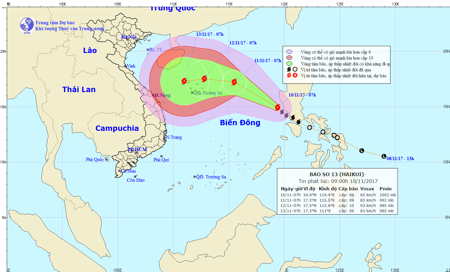 B&atilde;o số 13 với sức gi&oacute; v&ugrave;ng gần t&acirc;m b&atilde;o mạnh cấp 8 giật cấp 10 v&agrave; c&oacute; khả năng mạnh th&ecirc;m. Ảnh: nchmf.gov.vn