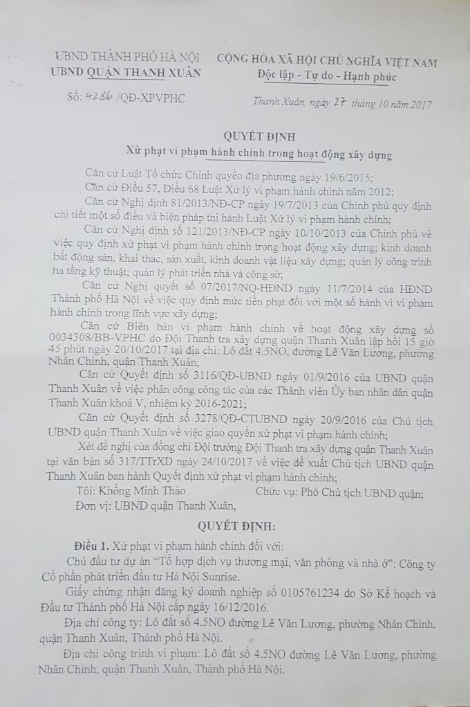 Quyết định xử phạt vi phạm h&agrave;nh ch&iacute;nh trong lĩnh vực x&acirc;y dựng của UBND quận Thanh Xu&acirc;n đối với dự &aacute;n The Golden Palm.