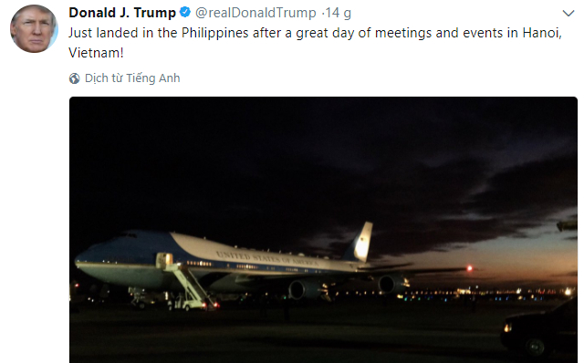 Tổng thống Trump th&ocirc;ng b&aacute;o hạ c&aacute;nh ở Philippines sau ng&agrave;y l&agrave;m việc tuyệt vời ở H&agrave; Nội. (Ảnh: Twitter)